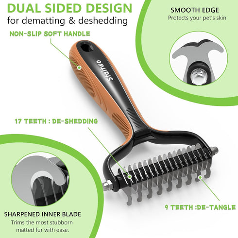 Deshedding Dog Brush - 2-in-1 Professional Undercoat Rake and Furminator for Long-Haired Dogs and Cats