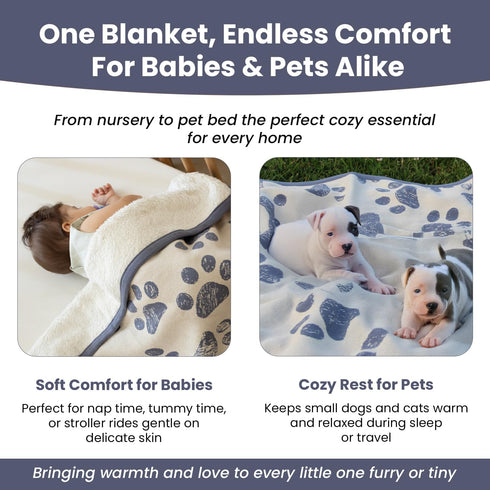 100% 30"x40", Small Pet Blanket - Organic Cotton, Double Layer Plush Sherpa, Soft Plush, Blue Paw Jacquard Knit, Small