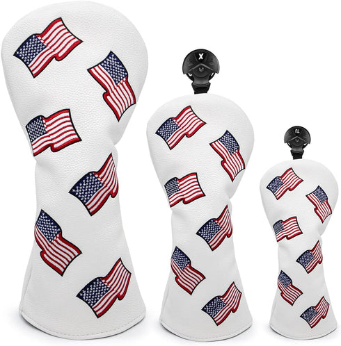 US Flag Patriotism Golf Club Head Covers | White for Driver, Fairway Hybrid Woods - 4 Options - Synthetic Leather Set