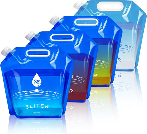 Water Container Bags, 4 Packs BPA Free Foldable Plastic 1.3 Gallon Water Container Bag for Camping Hiking Emergency