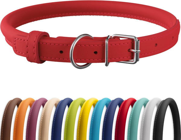 CollarDirect Rolled Leather Dog Collar, Soft Padded Round Puppy Collar, Handmade Genuine Leather, 13 Colors (15-19