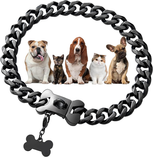 Black Cuban Link Dog Chain Collar 19mm with Secure Snap Buckle for Small Medium Pitbull (24")