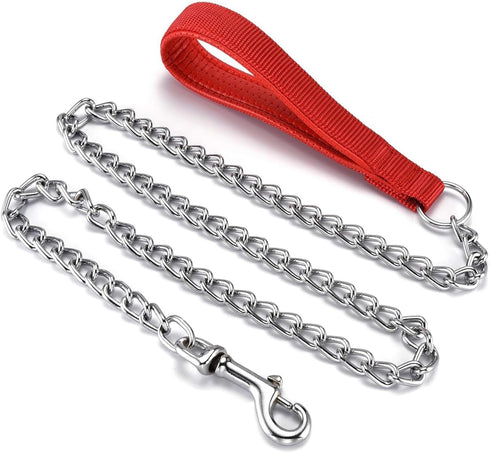 Chain Leash Metal Dog Leash - Chrome Plated with Soft Padded Handle for Small Dogs (S, Red Handle)