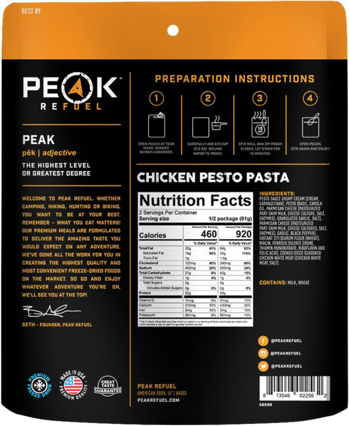 Peak Refuel Chicken Pesto Pasta - Freeze Dried Backpacking and Camping Food, High Protein, Quick Prep Meals