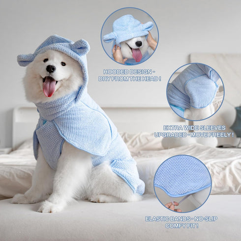Arblina Dog Bathrobe Towel Wrap, Hooded Double Layer Super Absorbent Dog Drying Coat, Adjustable Warm Bath Robe