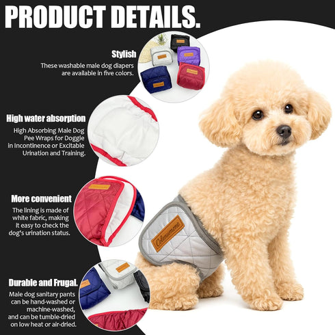 Washable Reusable Dog Diaper, Belly Bands for Male Dogs, Quilted Ultra-Absorbent Leak-Proof Wraps for Training