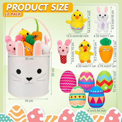 12 Pcs Easter Basket Playset, Easter Dog Toys, Plush Easter Eggs Bunny Shape Stuffed Dog Toy