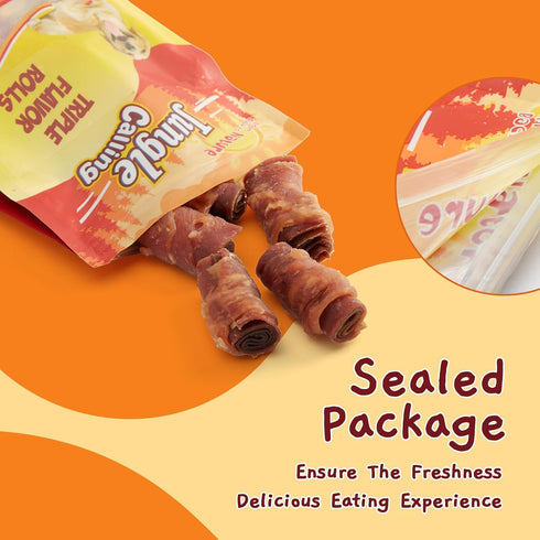10.6 oz Jungle Calling Triple Flavor Rolls Dog Treats, Made with Real Chicken Duck Beef Meat, Rawhide Free Dogs