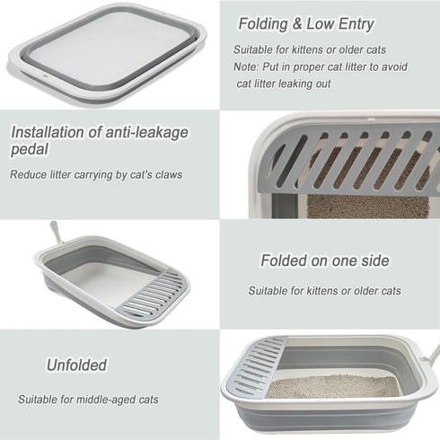 20.9x15.7x5.7 inch Senior Cat Litter Boxes, Collapsible Open Low Entry Cat Litter Pan with Scoop Travel Kitten Potty