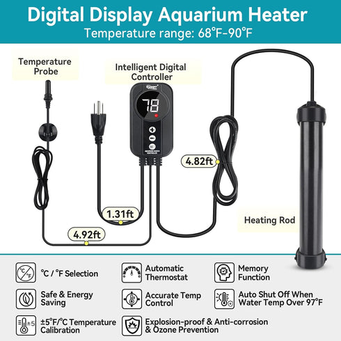 hygger Marine Aquarium Heater - 50W 100W 200W 300W 500W - Titanium Heater with Digital LED Controller
