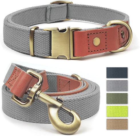 QRDA Dog Collar and Leash Set in Silver Gray, Adjustable Durable Nylon Collars with Tactical Breakaway Leash for All