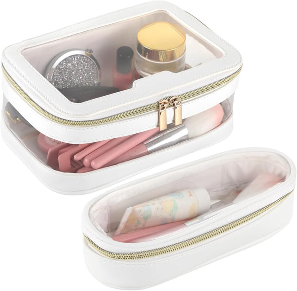 Transparent Cosmetic Bags Set of 2, Waterproof Travel Toiletry Storage, Leather Makeup