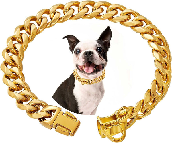 Stainless Steel Gold Dog Collars with Safety Buckle Lock, 18K Cuban Link Chain for Small Medium Large Dogs