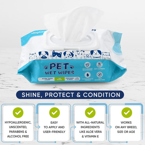 MAGICARE Pet Wipes – 100 pcs Unscented Dog Wipes, 8x8 Inch Paw Cleaner for Body, Ears, Face, and Skin.
