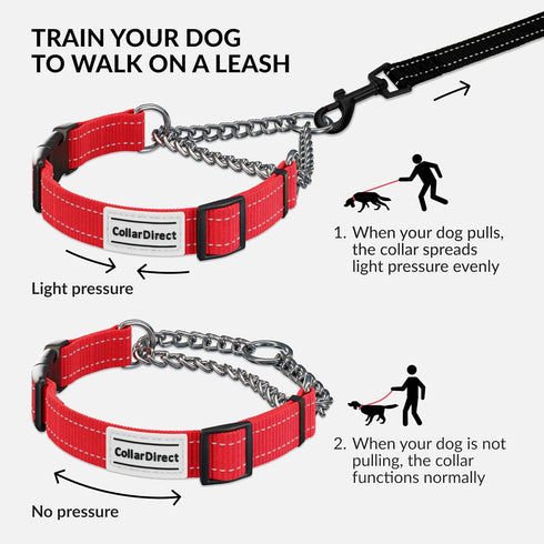 CollarDirect Martingale Dog Collar with Stainless Steel Chain and Quick Release Buckle - Reflective Collar for Large, Medium, Small Dogs - Red, Large (Neck Size 17"-22")