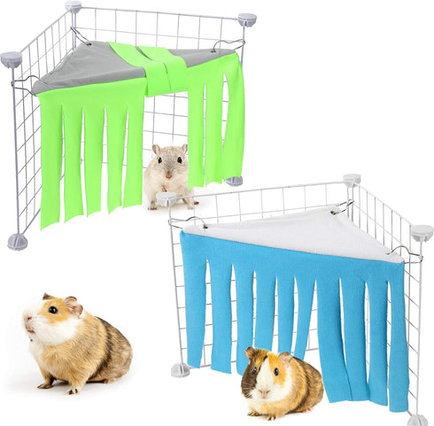 Shappy 2 Pcs Guinea Pig Hideout Corner Fleece Toys, Cute Ferret Hammock for Small Pets (Grey with Blue, Grey with Green)