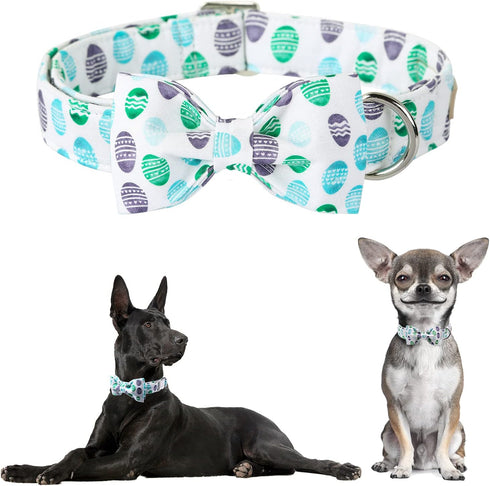 Adjustable Dog Collar Easter Gift with Bow Tie - Egg Design for Small, Medium, and Large Boys & Girls, Neck 10"-16"