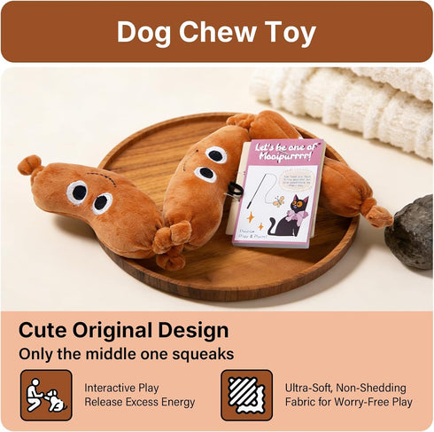 (2 Sausage Squeaky Dog Toy for Small & Medium Dogs, Squeaky Plush Chewer, Puppy Teething & Dental Care, Cotton Filled