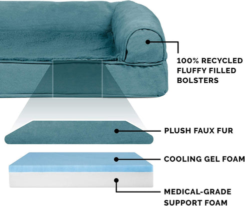 Furhaven Cooling Gel Dog Bed for Medium/Small Dogs, Removable Bolsters & Washable Cover, Plush & Suede Sofa for Dogs Up