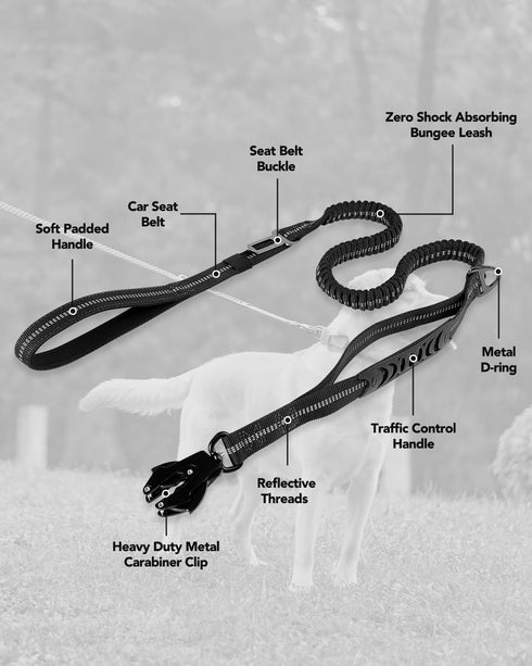 Joytale Tactical Dog Leash - Heavy Duty 4-6FT Shock Absorbing Bungee with 2 Padded Handles, Black