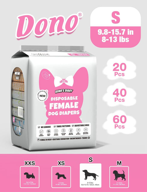 Female-60PCS, Dono Dog and Cat Diapers Disposable Female Dog Period Diaper for Heat with Wetness Indicator, Super