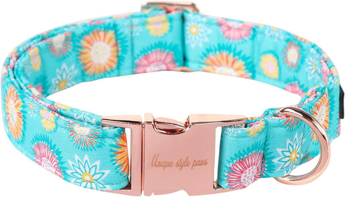 Sunflower Summer Dog Collar, Unique Style Paws Blue Adjustable Collar for Small Medium Large Dogs with Metal Buckle