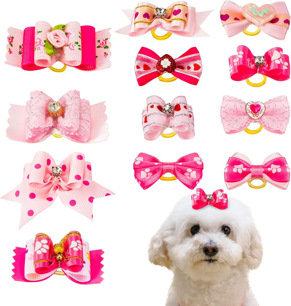 MTLEE 12 Pieces Small Dog Hair Bow Rubber Bands, Cute Puppies Hair Bows with Rhinestones, Pet Hair Accessories