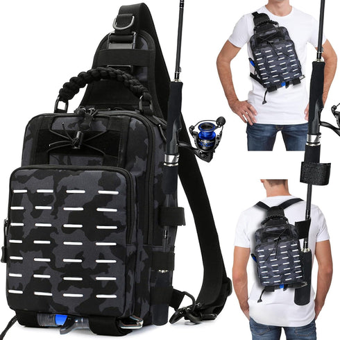 Fishing Tackle Bag with Rod Holders, Multifunctional Sling Backpack with Earphone Hole, Weatherproof for Outdoors