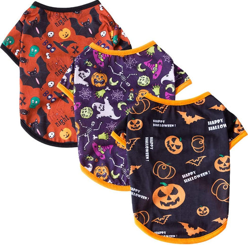 XIAOYU 3 Pieces Halloween Dog Shirt - Funny Black Bat, Magic Hat, Pumpkin Head T-Shirt for Small Dogs & Cats (S)