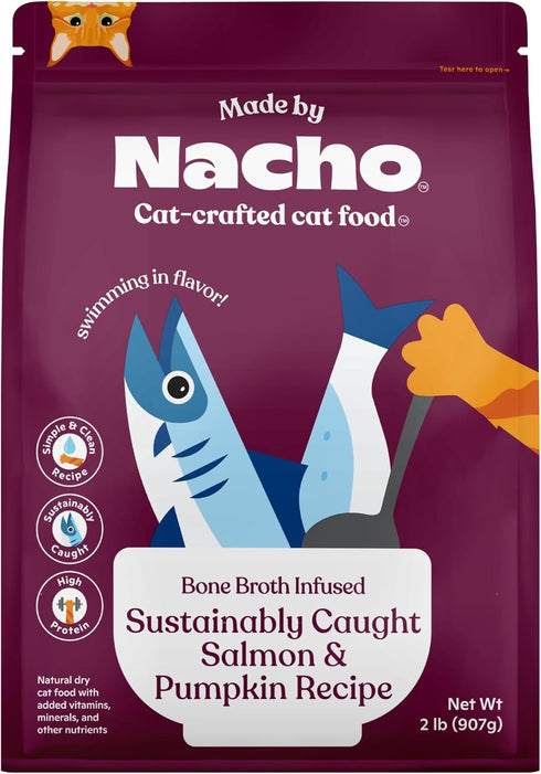 Made by Nacho Bone Broth Infused Dry Cat Kibble, Sustainably Caught Salmon and Pumpkin, 2lb Bag