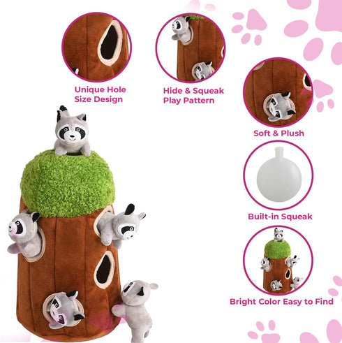 5-Pack Glow Pups Dog Puzzle Plush Toy Tree with Squeaky Raccoons, Interactive Hide and Seek Fun, Promotes Mental