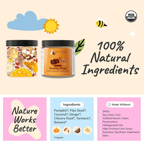 kin+kind Organic Pumpkin Powder for Dogs & Cats, Natural Formula with Flax Seed, Ginger, Turmeric, Coconut - 8oz
