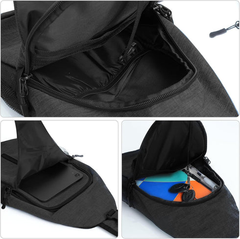 Sling-Bag Crossbody-Bag for Women and Men, Portable Hiking Daypack with Water Bottle Pocket (Black)