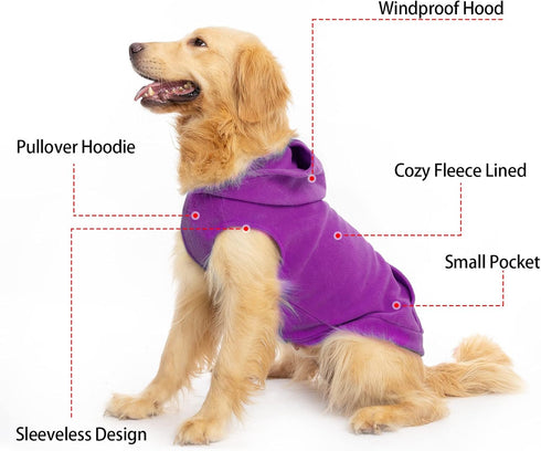EXPAWLORER Polar Fleece Dog Hoodie with Pocket, Warm Cozy Sleeveless Sweater for Small to Large Dogs (Purple, L)
