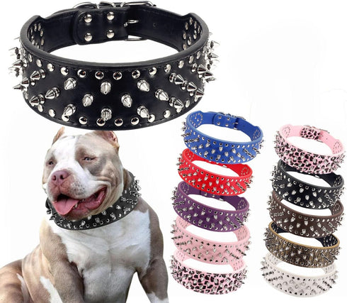 Hoot PU Leather Adjustable Spiked Studded Dog Collar, 2" Wide, 43 Spikes (L, Neck 21"-24", Black)