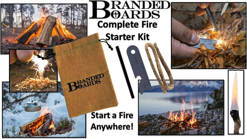 Portable Bushcraft Stainless BBQ Cooking Grill Grate, Mini Knife, Fire Starter Kits, Bamboo Cutting Board, Burlap Bag