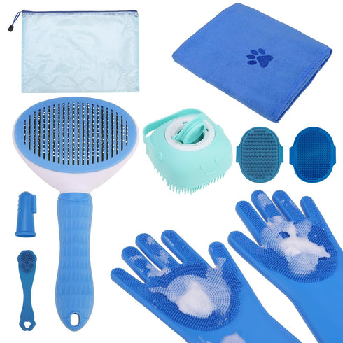 PAWCHIE Bath Grooming Kit for Pets, 9 PCS Hair Brush Set with