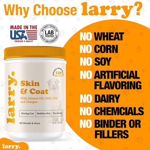 Salmon Oil for Dogs by Larry, Dog Supplements for Itchy Skin & Allergy Relief, 120 Soft Chews for All Breeds