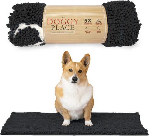 My Doggy Place Microfiber Dog Mat for Muddy Paws, 31" x 20" Charcoal with Paw Print - Absorbent Dog Cleaning Mat