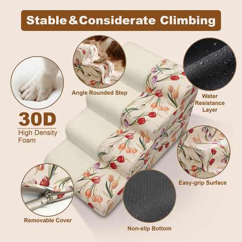 18" 4-Step 30D Country Dog Stairs for Bed & Couch H, Extra Long Dog Steps for Bed with Foam, Style Pet Stairs for Small