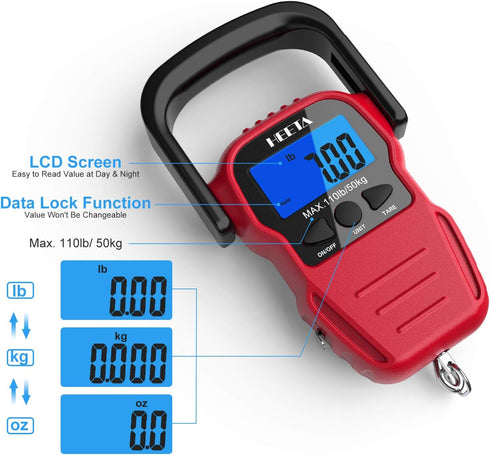 HEETA Fish Scale with Backlit LCD Display, Up to 110lb/50kg Digital Portable Hanging Weight Scale with Hook & Tape