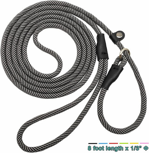 8FT Slip Lead Dog Leash, 1/3” Strong Rope, Adjustable No-Pull Leash for Small and Medium Pets (Black)