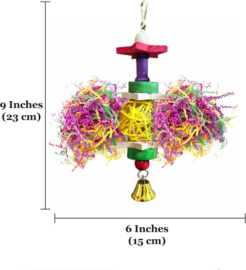 SunGrow Parakeet Toy - Brightly Colored Hanging Toy Made of Rattan, Wood, and Shredded Paper for Small Parrots