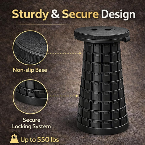Panus 1-Second Setup, Telescoping Folding Camping Stool, Portable Adjustable Height Outdoor Chair, Compact Lightweight