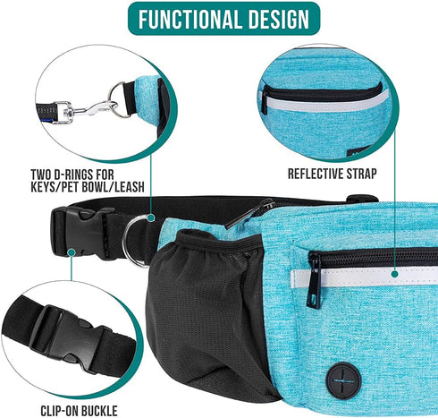 PetAmi Dog Fanny Pack, Treat Pouch for Walking, Built-in Poop Bag Dispenser, Water Bottle Holder (Turquoise)