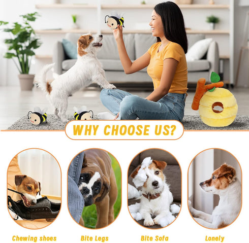 Whaline 4Pcs Bee Interactive Dog Toys for Boredom, Colorful Squeaky Honey Pot Puzzle Toys for All Dogs