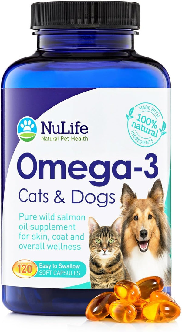 100% Pure Omega 3 Fish Oil for Dogs & Cats - Pet Supplement with DHA & EPA for Healthy Skin - 120 Capsules