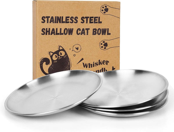 4 Pcs Wide Whisker Friendly Cat Dishes Set, 6.7" Stainless Steel Shallow Food Bowls for Indoor Kitten Feeding, 13 OZ
