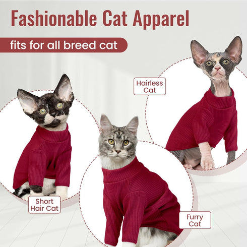 DENTRUN Sphynx Hairless Cats Shirt, Pullover Kitten T-Shirts, Breathable Cat Wear Turtleneck Sweater