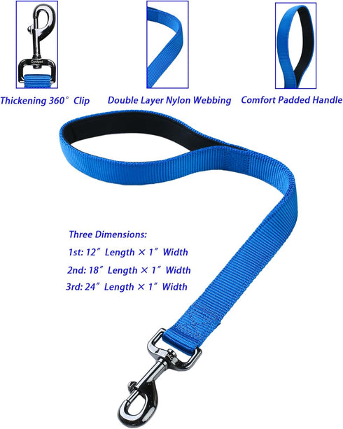Premium 18 Inches Nylon Short Dog Leash with Heavy Duty Clip and Soft Padded Handle, Classic Blue